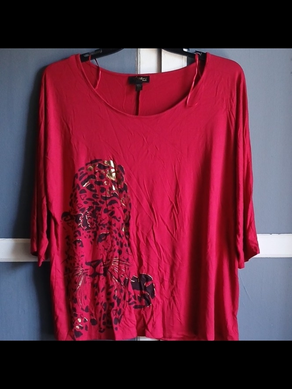 Thalia Sodi Red Scoop Neck Top with Metallic Leopard Accent